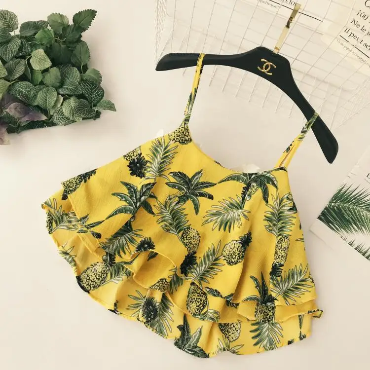Women Sexy Strapless Camis pineapple Print Satin lotus leaf Tank Tops V neck sweet Summer 2019 Cute Tank Female blouses Camisole
