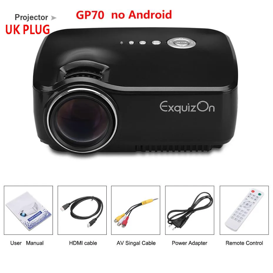 GP70 UK projector Exquizon GP70 lcd 800*480 проектор(опционально Android 4,4 Bluetooth wifi) HD 1080P 1800 люмен светодиодный HDMI видео домашний кинотеатр - Цвет: GP70 UK projector