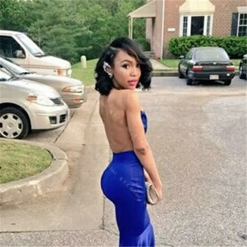 

Royal Blue Backless Arabic Evening Dress 2019 Sheer See Through Elastic Satin Mermaid Long Prom Gowns Custom Made Party Dresses