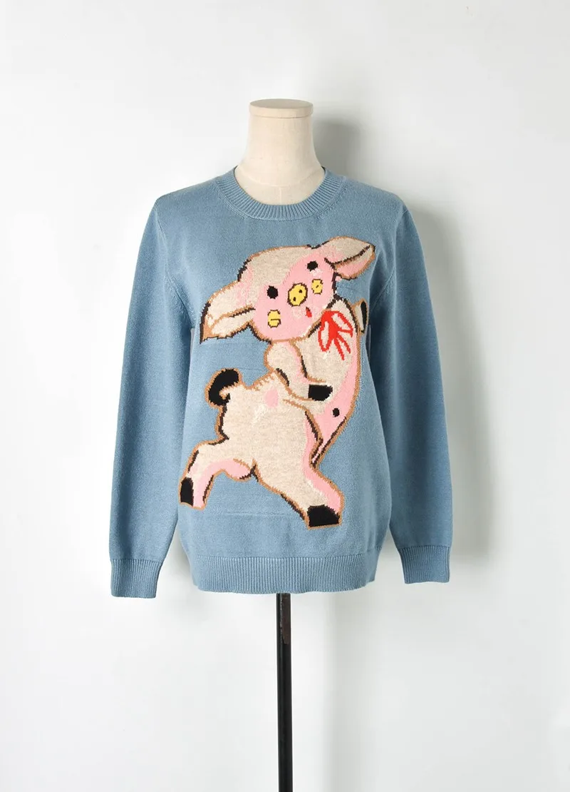 Cute Pig Cartoon Jacquard Knitted WOmen Sweater 2019 Brand Designer Long Sleeve Round Neck Knit Top Female Causal Loose Pullover | Женская