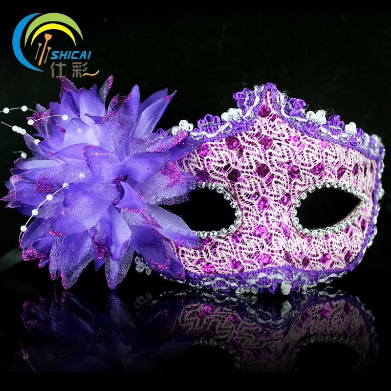 

Side Flower Bead Leather Princess Mask Cutout Lace Lily Masquerade Masks Ladies Italian Venice Ball Female Party Decoration