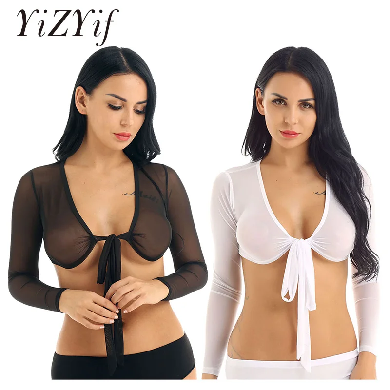 

YiZYiF Women Crop Tops Sexy Costumes Long Sleeve Deep V Plunge Open Front Tie Up Mesh See Through Sheer Tee Crop Tops