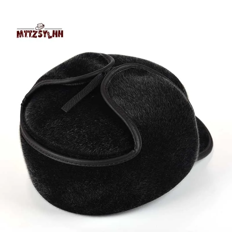 Winter padded flat-top aviator hat high-quality snow cap with long ear protection artificial leather outdoor warm men