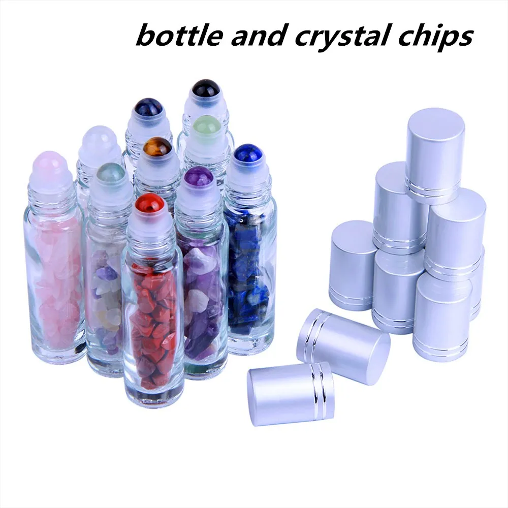 Clear glass and chip 10 шт. стеклянный контейнер, трубки, бутылки для эфирного масла, 10 мл, драгоценный камень, кристалл, ролик для хранения масла, трубка для ароматерапии - Цвет: Clear glass and chip