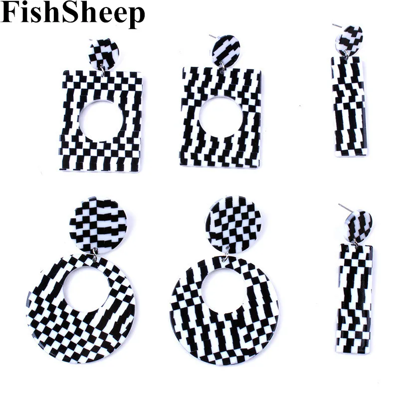 Крупные черно-белые полосатые Акриловые серьги FishSheep мозаичные круглые