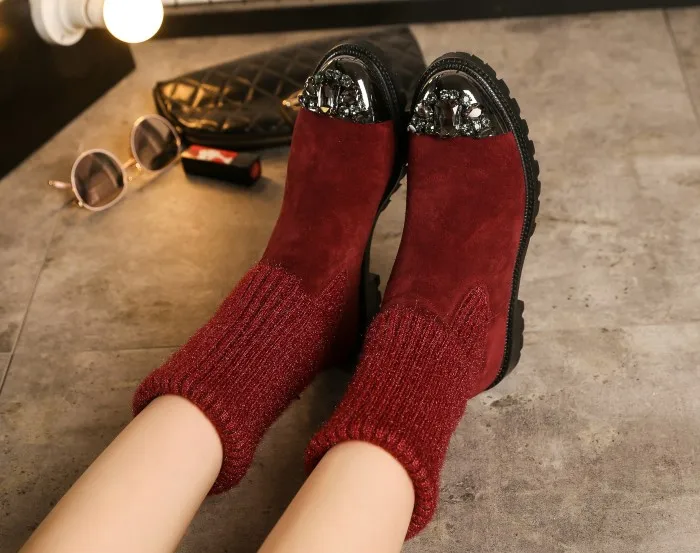 wine red Maggie's Walker/женские модные высокие сапоги из натуральной кожи; сезон осень; яркое цветное вязаное; зимние сапоги; Размеры 35-41 - Цвет: wine red