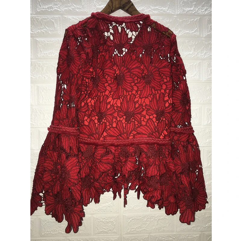 Женская одежда кружевная рубашка с длинным рукавом ажурный v-образный вырез и