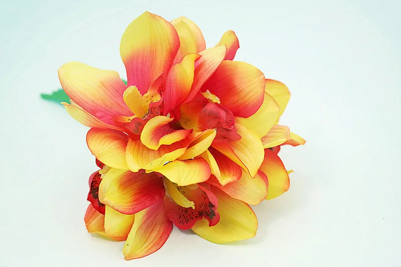 Настоящее прикосновение cymbidium 7 головок короткая съемка украшение стола цветок DIY Свадебные невесты ручной цветы домашний декор искусственная Орхидея - Цвет: Sunset red
