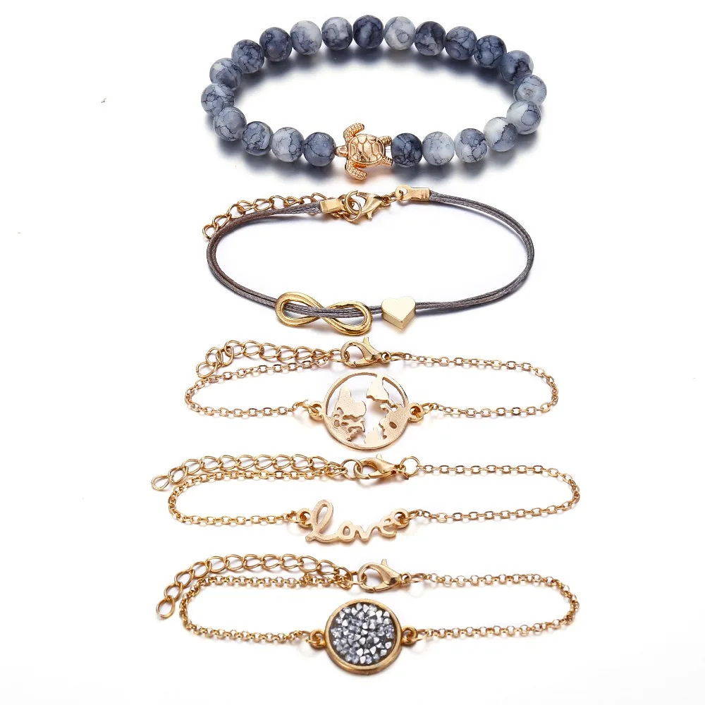 Boho Многослойные любовь карта мира Земли Infinity черепаха Шарм браслет браслеты с