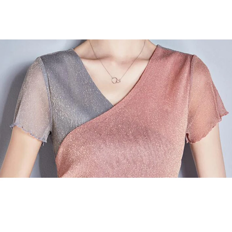 

EORUTCIZ Summer Sexy Plus Size 3XL T shirt Women Patchwork Mesh Vintage Shirts Short Sleeve Black Slim Basic Tops LM412