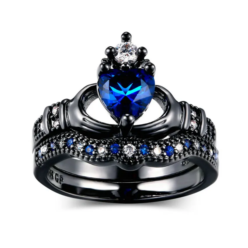 Женское кольцо с кристаллами циркония черный и синий цвета|crystal rings for women|claddagh