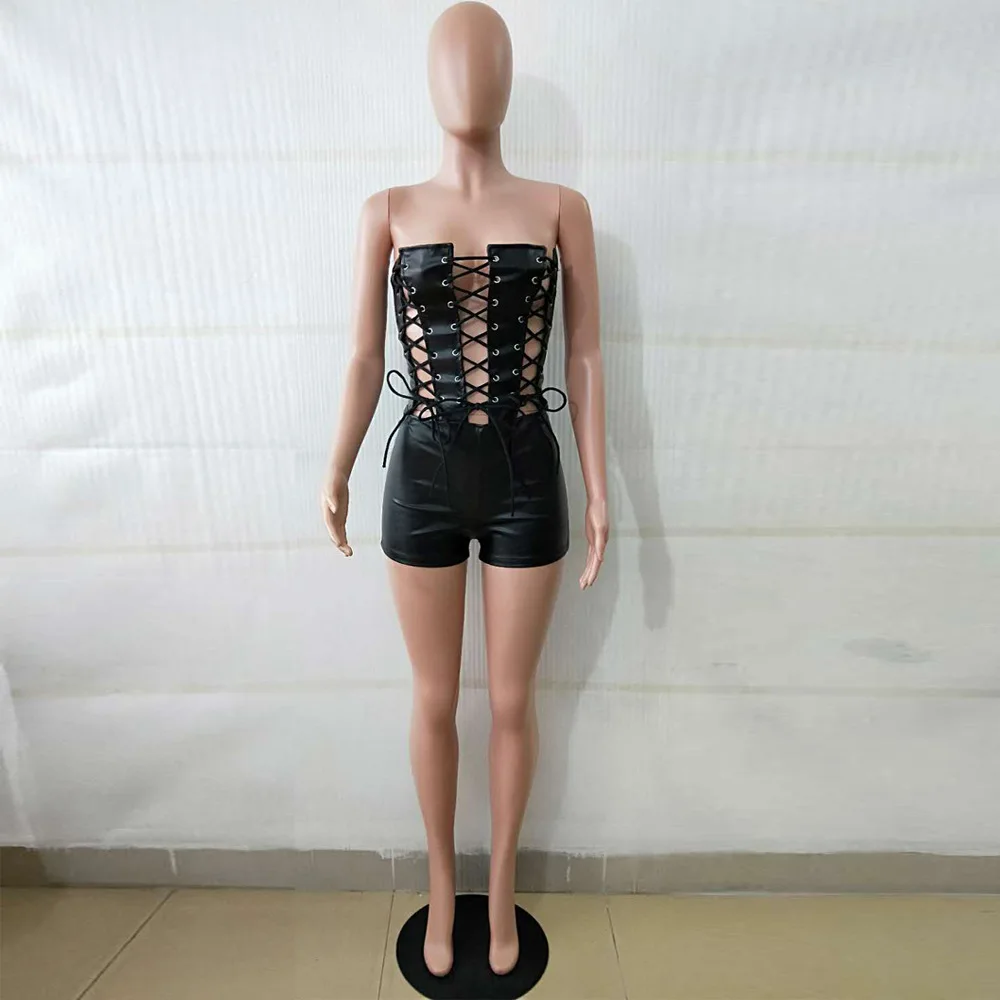 

Lace Up Strapless Women Playsuits Cool Pu Leather Women Short Rompers