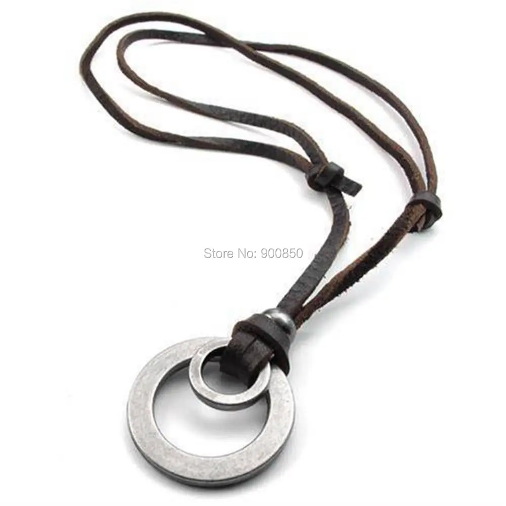 Массивное регулируемое кожаное ожерелье с подвеской в виде двух колец для Мужчин