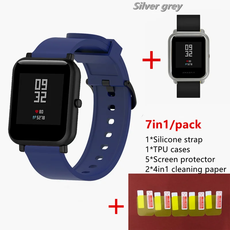 7в1 для Xiaomi Huami Amazfit Bip светильник и тонкий ТПУ ремешок на запястье PC Watch мягкий чехол для экрана с защитной пленкой - Цвет: Midnight Blue 3
