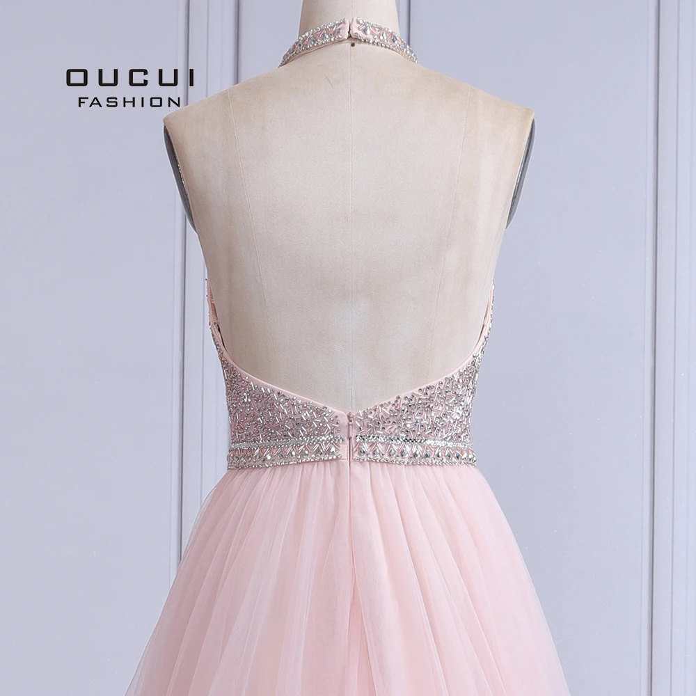 

Open Back Design Pink Halter Tulle A-Line Deep V-neck Sleeveless Beaded Elegant Homecoming Sequined Prom Dress OL103504