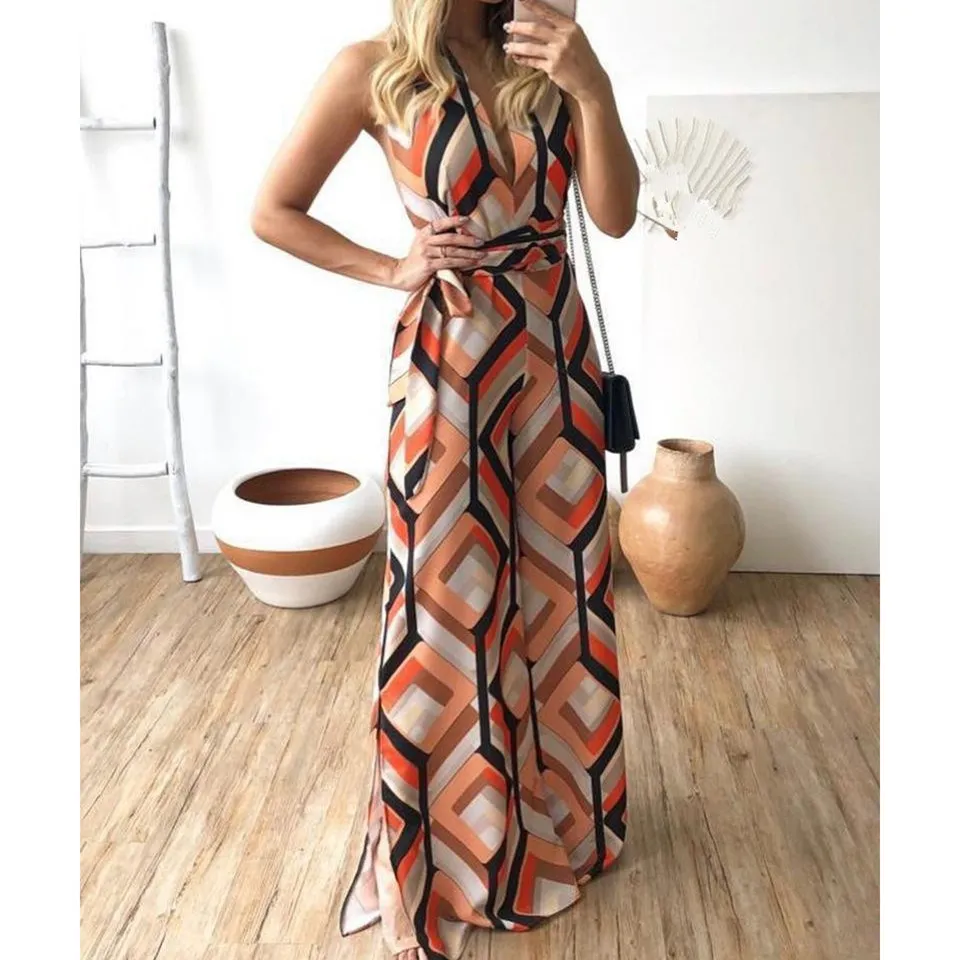 Sexy V Neck Geometric Printed Wide Leg Jumpsuit Women Sleeveless Sashes Party Beach Casual Summer Maxi Overalls | Женская одежда