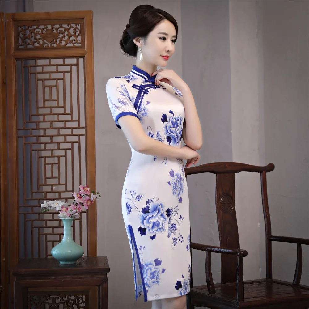 Женское китайское платье Ципао до колена из искусственного шелка синего и белого