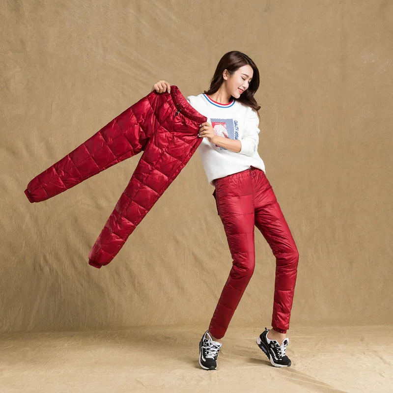 Уличные новые женские брюки с эластичным поясом зимние Пуховые 5 цветов теплые