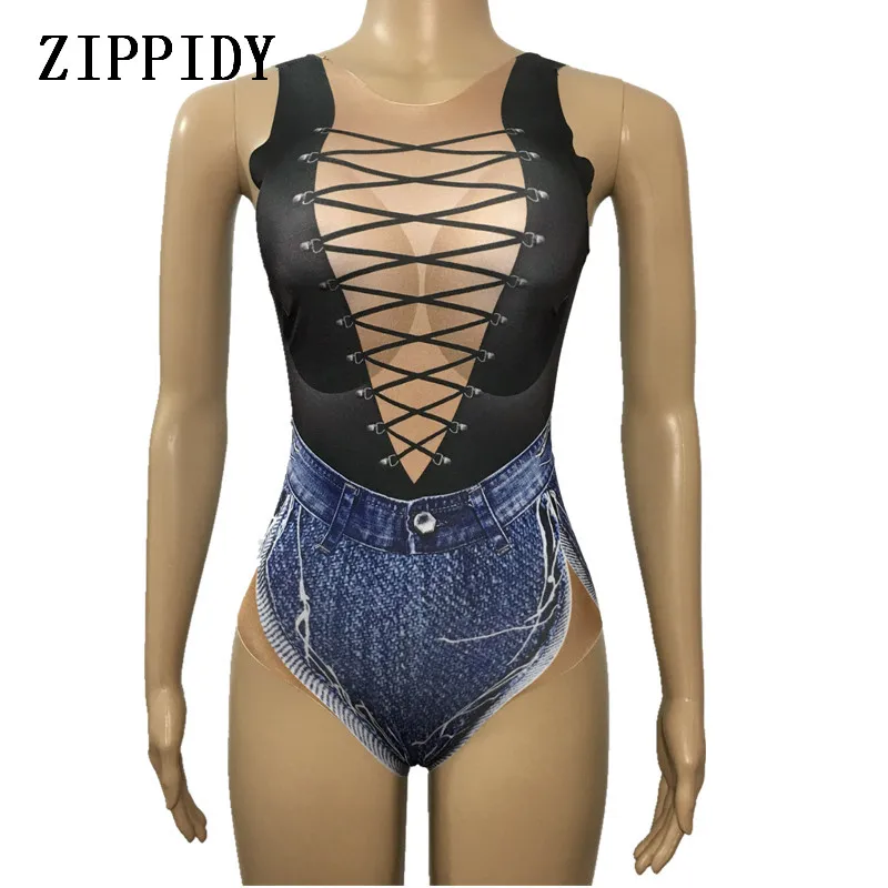 

Sexy Jeans Bandage Pattern Bodysuit Female Singer Stage Costume Leotard Nightclub Party Celebrate Stretch Nude Denim Outfit