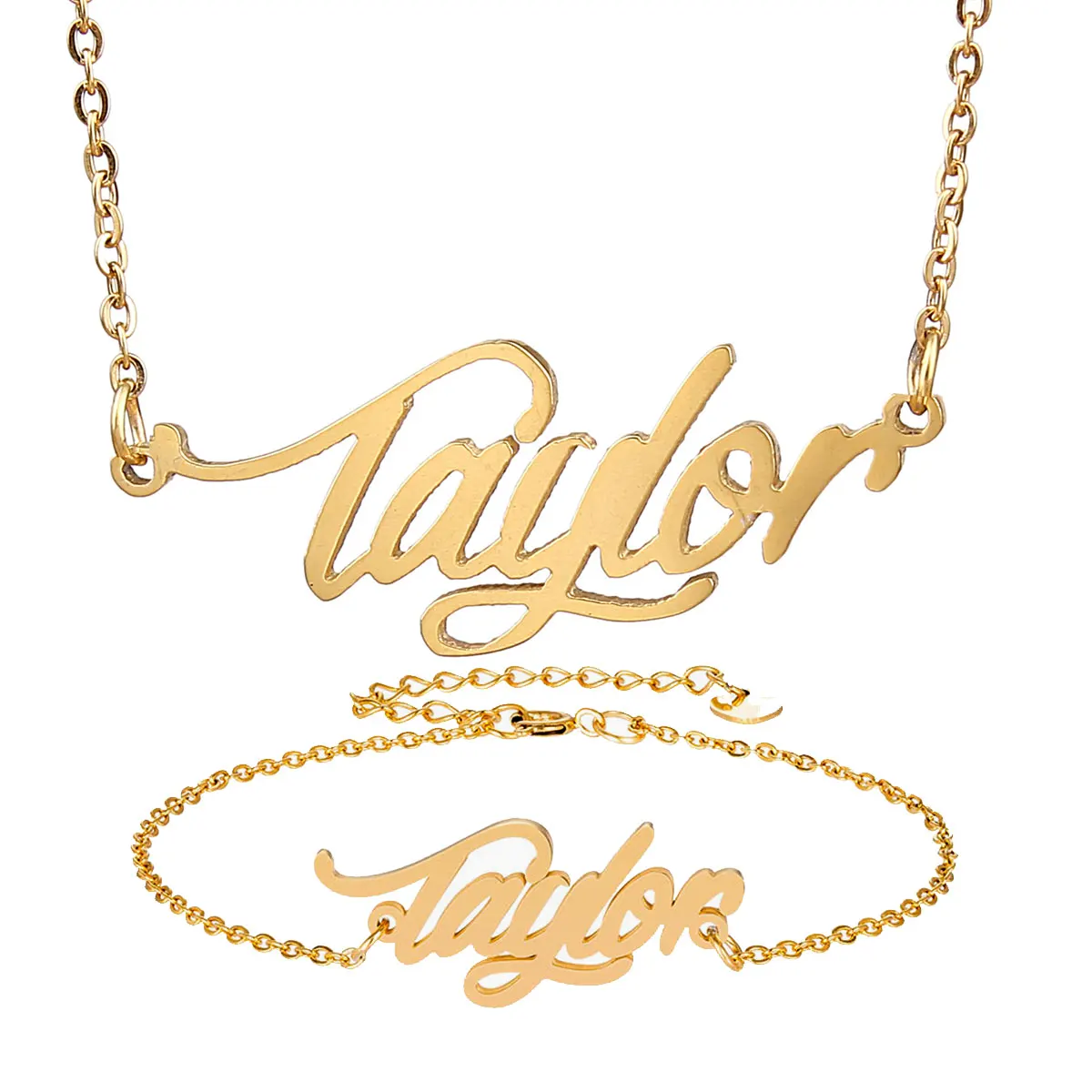 

Fashion Stainless Steel Name Necklace Bracelet Set " Taylor " Script Letter Gold Choker Chain Necklace Pendant Nameplate Gift