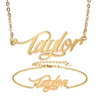 fashion stainless steel name necklace bracelet set taylor script letter gold choker chain necklace pendant nameplate gift