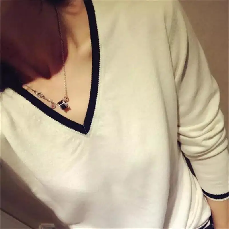 Gejas Ainyu autumn winter new V-neck knitted cashmere sweater women pullover tops Loose plus size Sweaters Brand Tops | Женская одежда