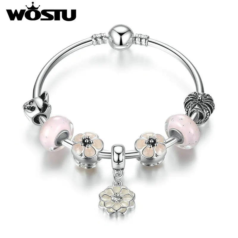 WOSTU трендовые посеребренные белый цветок кулон розовый муранский бисер браслеты