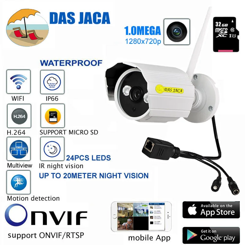 DasJaca 1mp наружная Водонепроницаемая onvif CCTV камера безопасности 720p hd wifi
