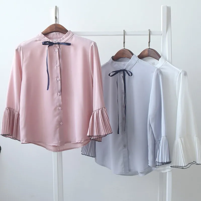 US Warehouse Blouse Women Korean Stand Collar Chiffon solid Shirts Spring Bow Tie Flare Sleeve Elegant Shirt Blue Pink Blusas | Женская