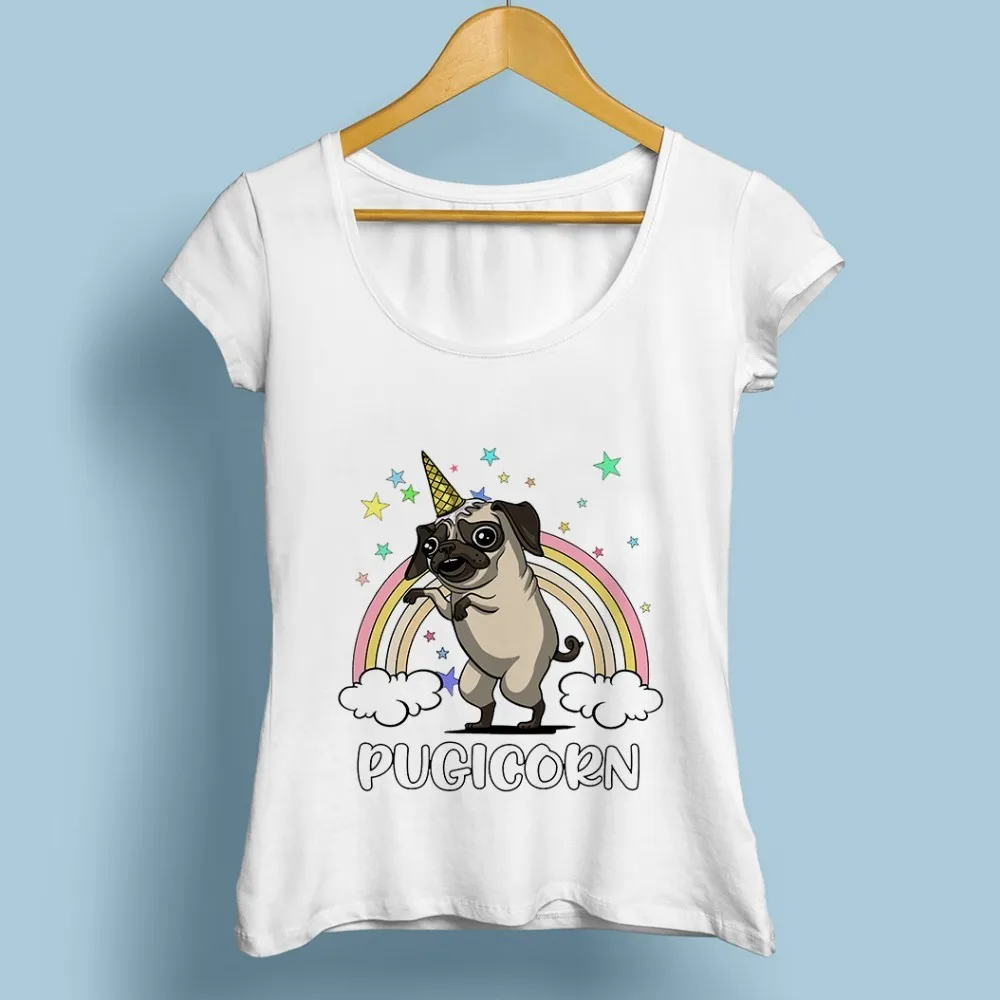 Pugicorn Funny horn Pug Fantasy Rainbow tshirt women 2018 summer new white casual breathable t shirt femme no glue t-shirt | Женская