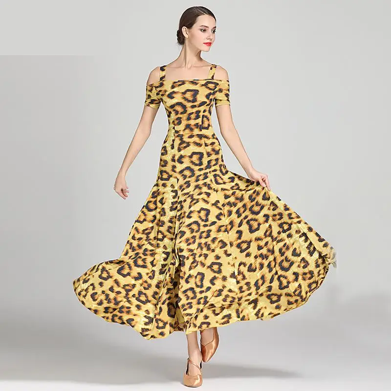 

New Women Leopard Modern Dance Dress Sexy Off-shoulder Long Sleeve Waltz Tango Spanish Flamenco Dress Standard Ballroom Dresses