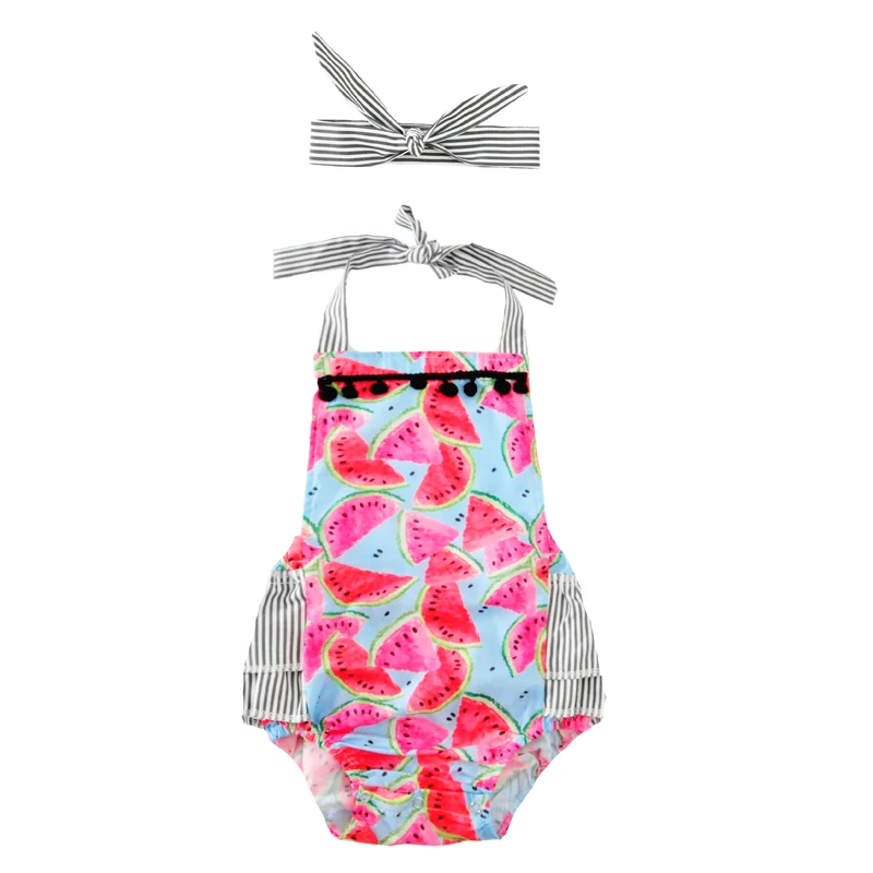 Детский комбинезон в полоску с лямкой на шее и повязкой голову | Детская одежда