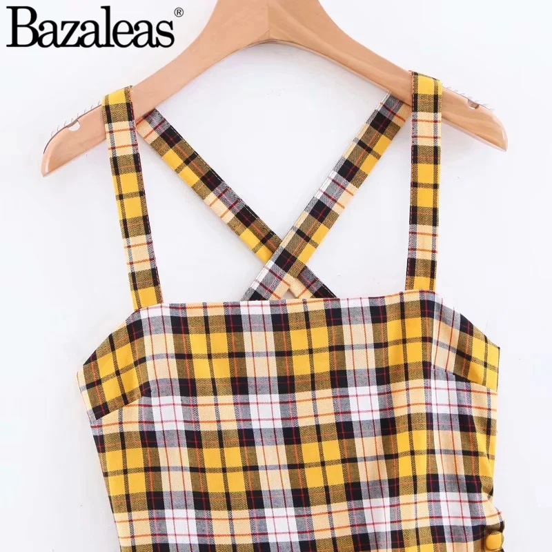 Bazaleas 2019 желтое клетчатое женское платье мини платья Vestidos Повседневное с