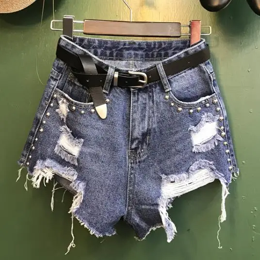 

2020 summer Irregular washed hole high waist jeans spring loose loose wide leg shorts