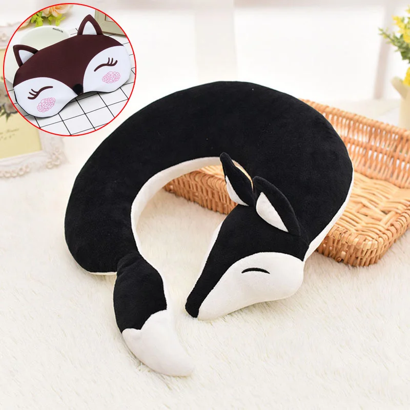 Black and Eye mask Милая подушка для шеи в форме лисы, плюша, хлопок, u-образная подушка для путешествий, автомобиля, дома, подушка с рисунком из мультфильма, u-образная подушка для полета, самолета, путешествий - Цвет: Black and Eye mask