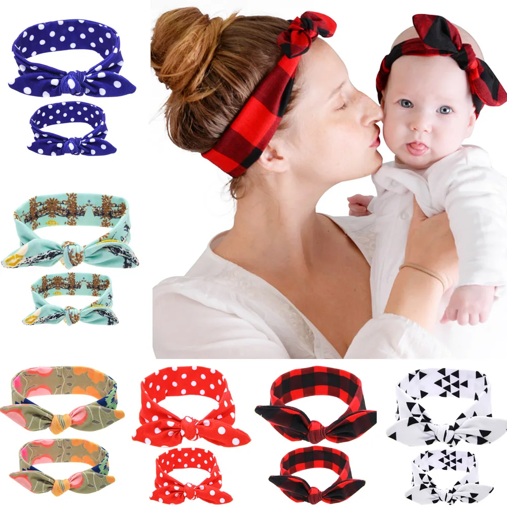 Mother Baby Turban headband 2pcs/set Mom Daughter Rabbit Ears Floral Print Plaid Bow Knot hair accessories | Детская одежда и