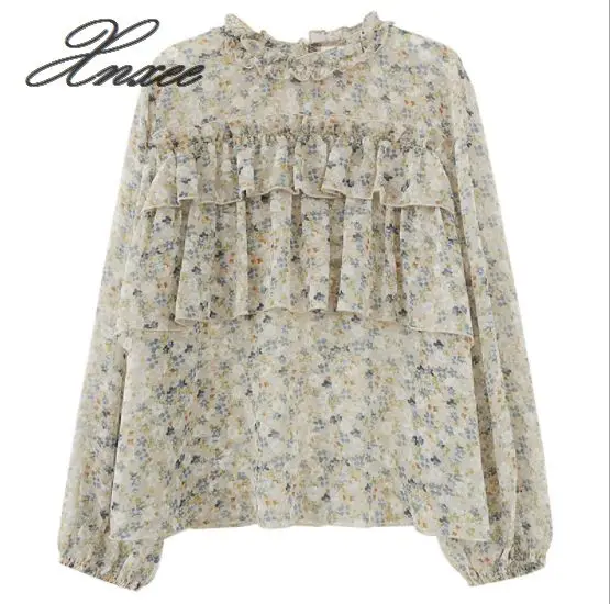 

2020 summer new lotus leaf lace collar long sleeve chiffon floral shirt female