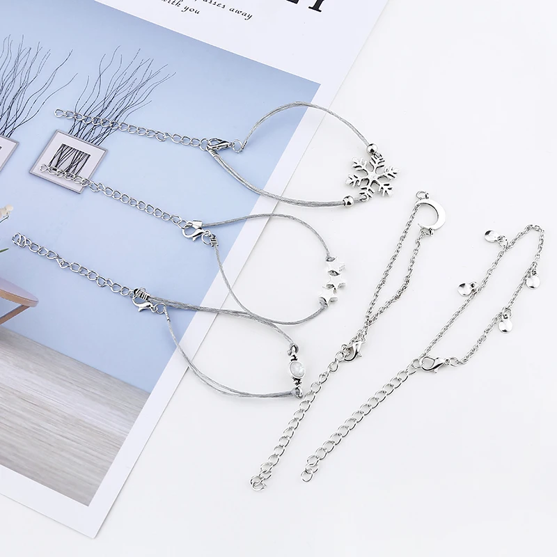 YAOLOGE 5 Pcs/ Set Punk Snowflake Moon Star Crystal Rope Chain Multilayer Pendant Couples Bracelet Charm Girl Jewelry Gift | Украшения и