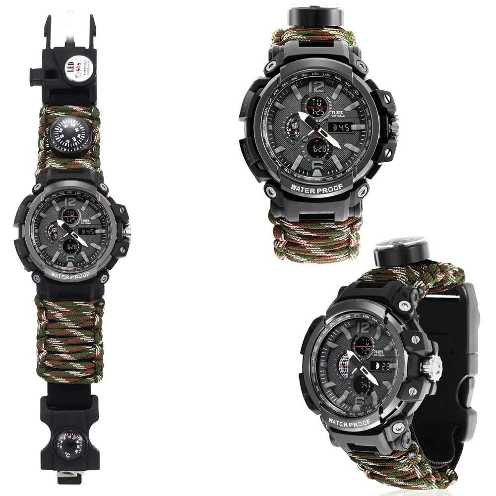 Camouflage Открытый выживания часы с Паракордом Кемпинг Многофункциональный выживания часы компас термометр спасательный веревка Тактический Паракорд, инструменты - Цвет: Camouflage