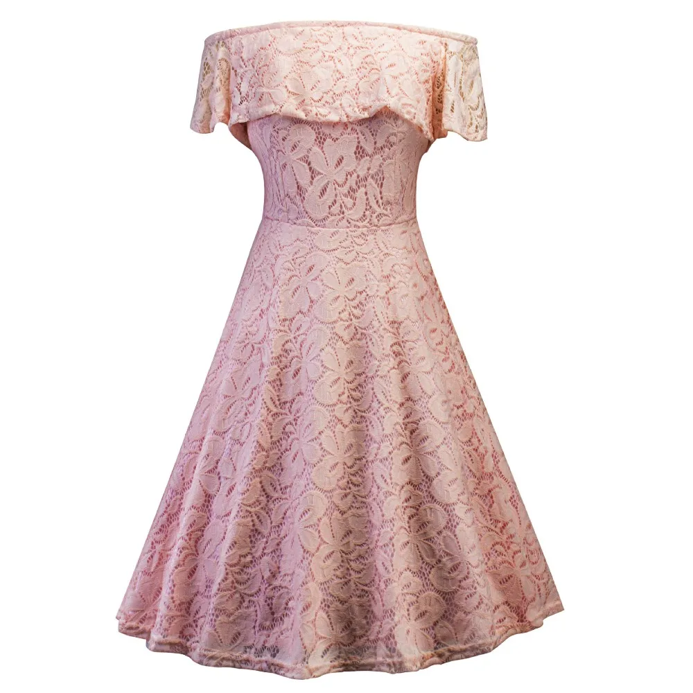 Женское осеннее кружевное платье розовое винтажное с широкой юбкой и