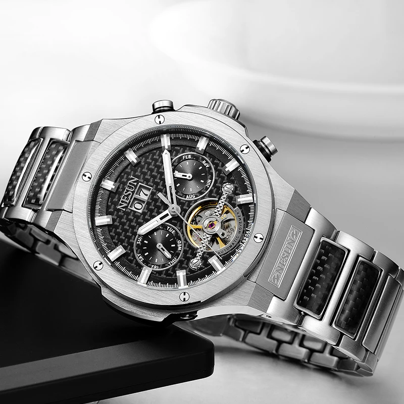 NESUN Для мужчин полые Tourbillon Автоматическая Механические часы модные Роскошный