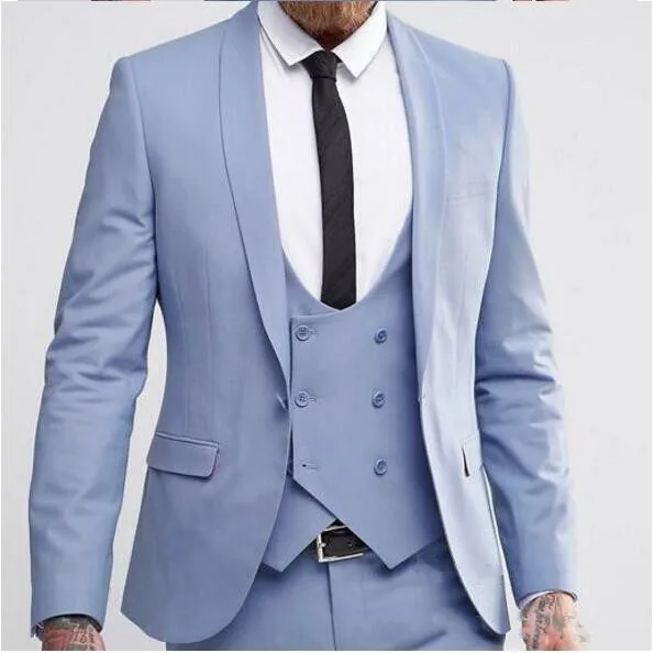 

Newest Light Blue Groomsmen Mens Wedding Suits Groom Tuxedos 3 pieces Men Business Dinner Party Suit (Jacket+vest+Pants)