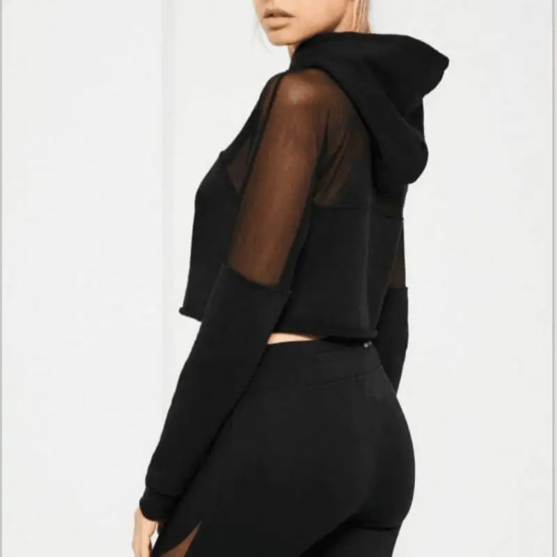 2018 Women Autumn Winter Sexy Perspective Mesh Stitching Short Paragraph Umbilical Hooded Sweatershirt Hoodies | Женская одежда