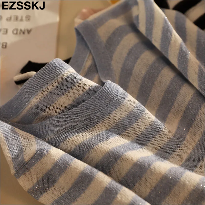 thin summer striped knit t-shirt Women short sleeve T-Shirt bling O-neck cool Glitter Basic t-shirt sexy shiny top