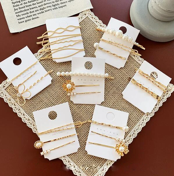 2019 Korea Imitiation Pearl Hairpins Metal Gold Color Rhinestones Hair Clips Accessories for Women Hollow Flower Hai | Украшения и