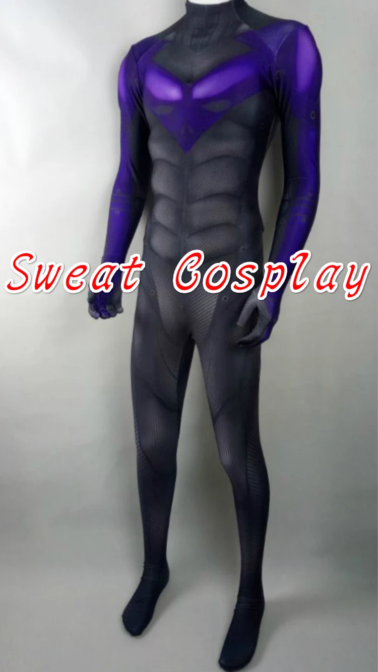 Высокое качество Batman Arkham City Nightwing костюм Дик Грейсон Фиолетовый спандекс лайкра костюм с мышечной обивка Косплэй костюм