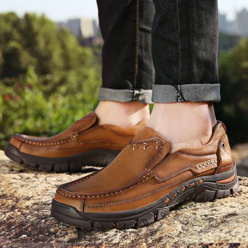 Мужские кроссовки из воловьей кожи дышащие Нескользящие для пешего туризма