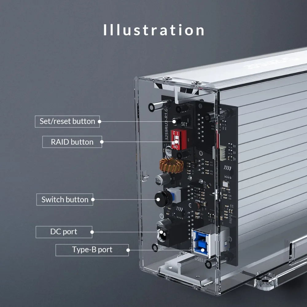 Чехол ORICO 2 Bay 3,5 ''для жесткого диска с функцией Raid SATA на USB 3,0, прозрачный корпус для жесткого диска с поддержкой UASP с питанием 12V3A 24 ТБ Max