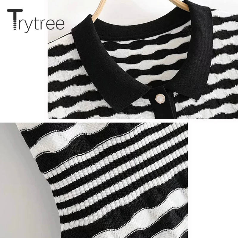 Trytree Summer Women Dress Casual Turn-down Collar Striped Shirt Dresses Elastic Knitting Office Lady A-line Knee-Length | Женская