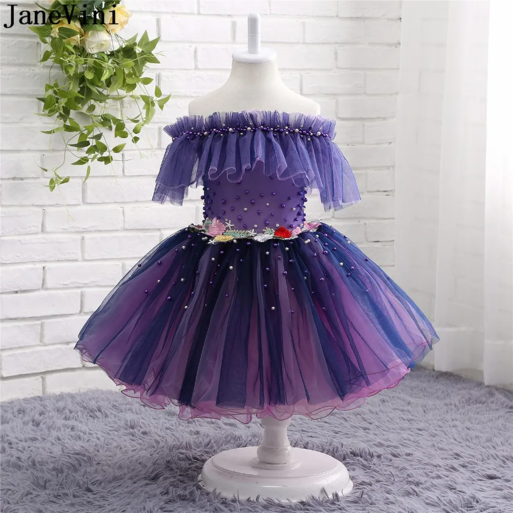 

JaneVini Charming Purple Flower Girl Dresses with Handmade Flowers Kids Wedding Party Gowns Ball Gown Pearls Pageant Party Dress